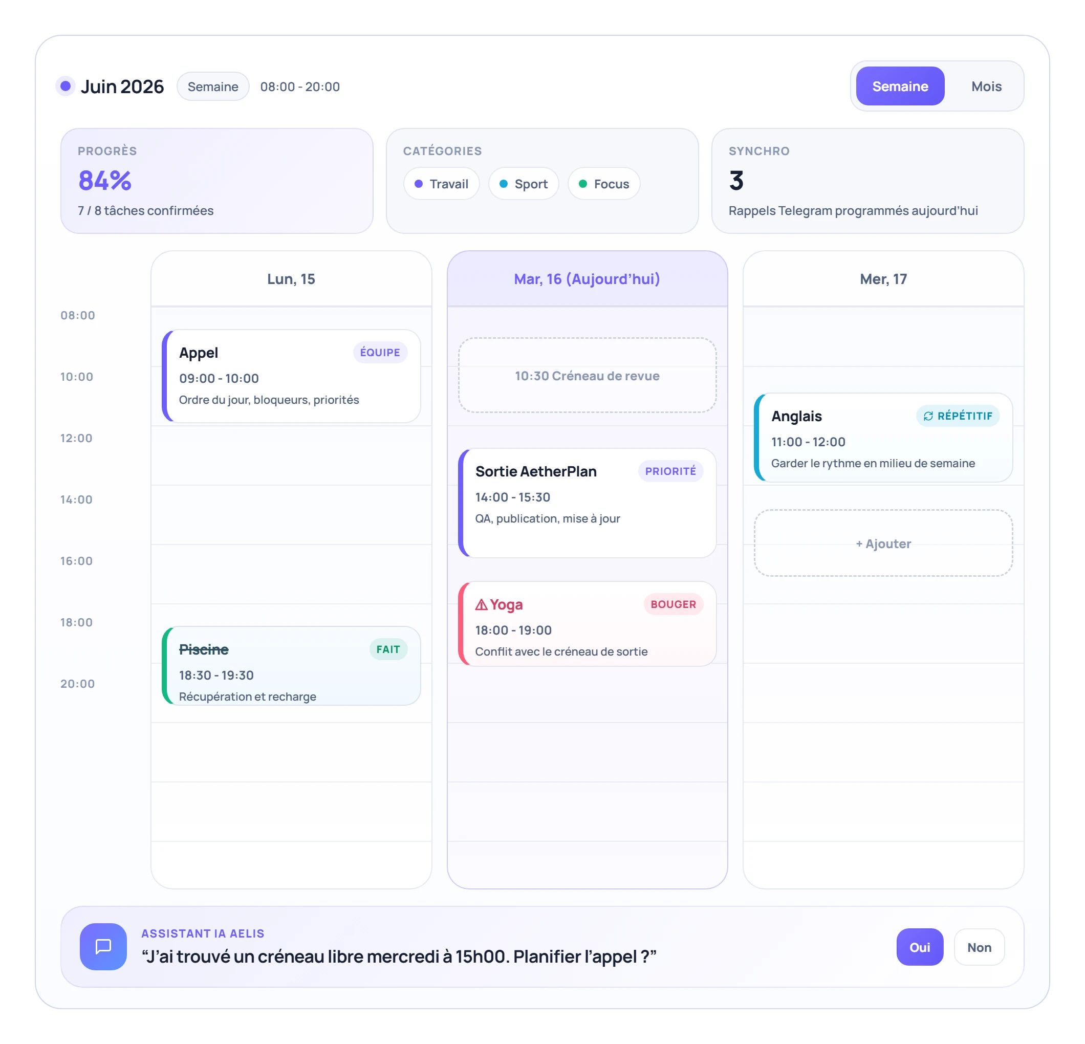 Interface du planificateur de tâches en ligne AetherPlan avec calendrier hebdomadaire